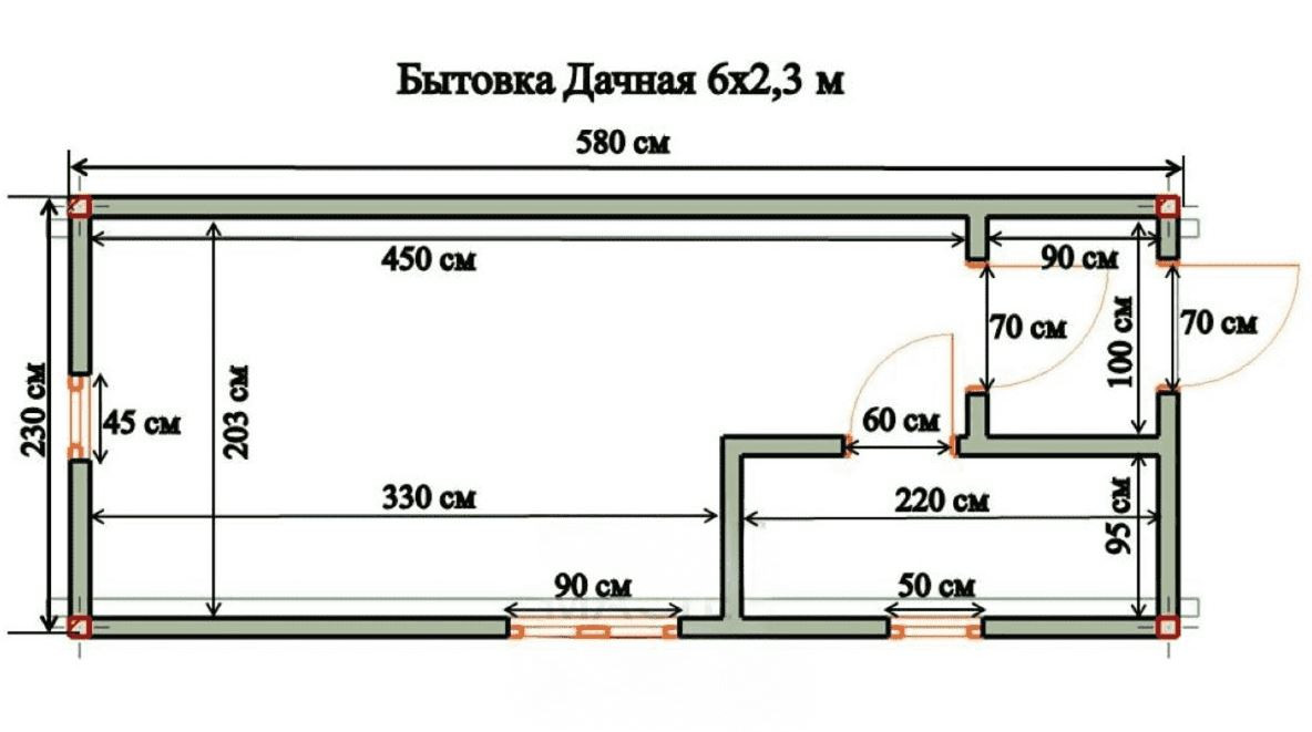 Чертёж стандартной бытовки 6х2,4 метра — вид сверху, размеры, расположение дверей